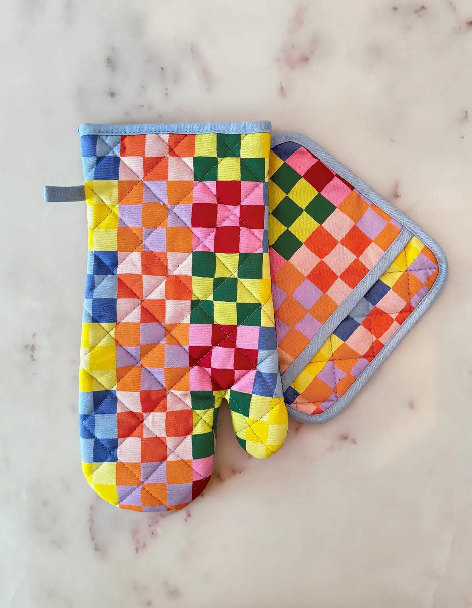 Rainbow Check Oven Mitt Pot Holder Set Garfield Park Conservatory T Shop